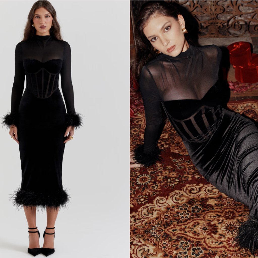 House Of Cb 'Lianna' Black Velvet Midi Dress